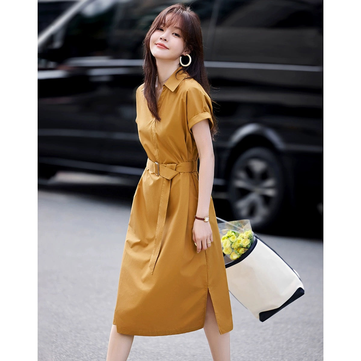 Mohan Yimei Commuting Simple Lace-Up Shirt Dress 2024 Summer New Simple Versatile Sleeve Dress