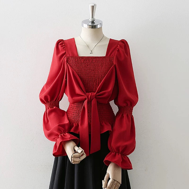 Design sense square collar long sleeve shirt women 2025 spring and autumn new all-match trumpet sleeve black niche chic top