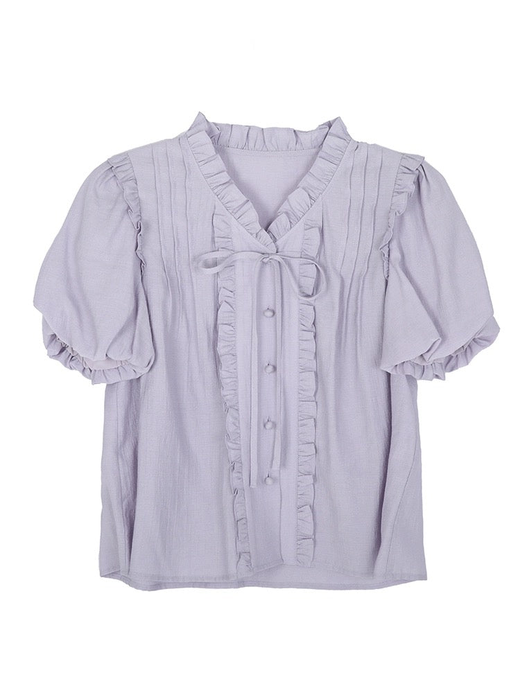 Shallot good tailoring light purple puff sleeve shirt women's spring and summer loose and cute lace collar pleated lace-up shirt top