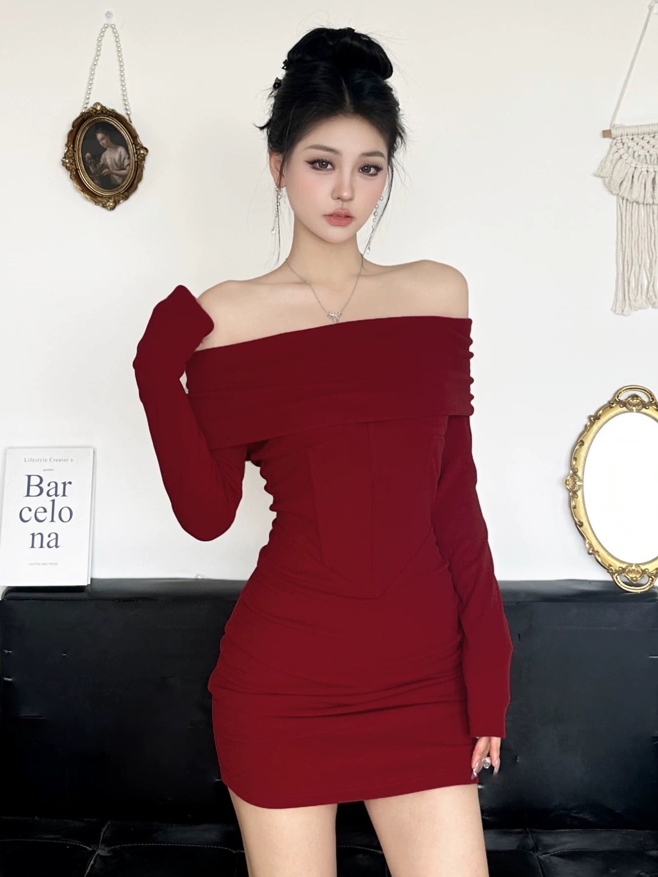 Amyway retro hottie sexy royal sister one-shoulder knitted dress little mother-like fishbone waist-covering hip short skirt