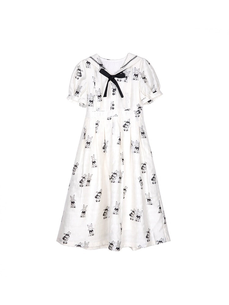 Shallot good tailoring college sense lace navy collar bunny jacquard dress summer high waist mid-length pleated skirt