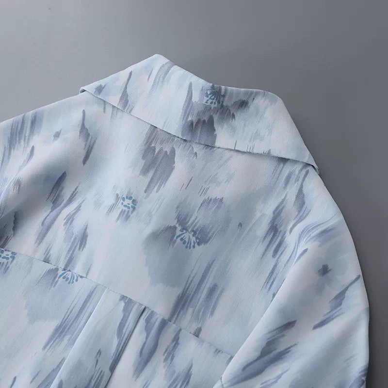 Drape loose oil painting print blue thin lapel chiffon shirt women's early autumn design shoulder-length top