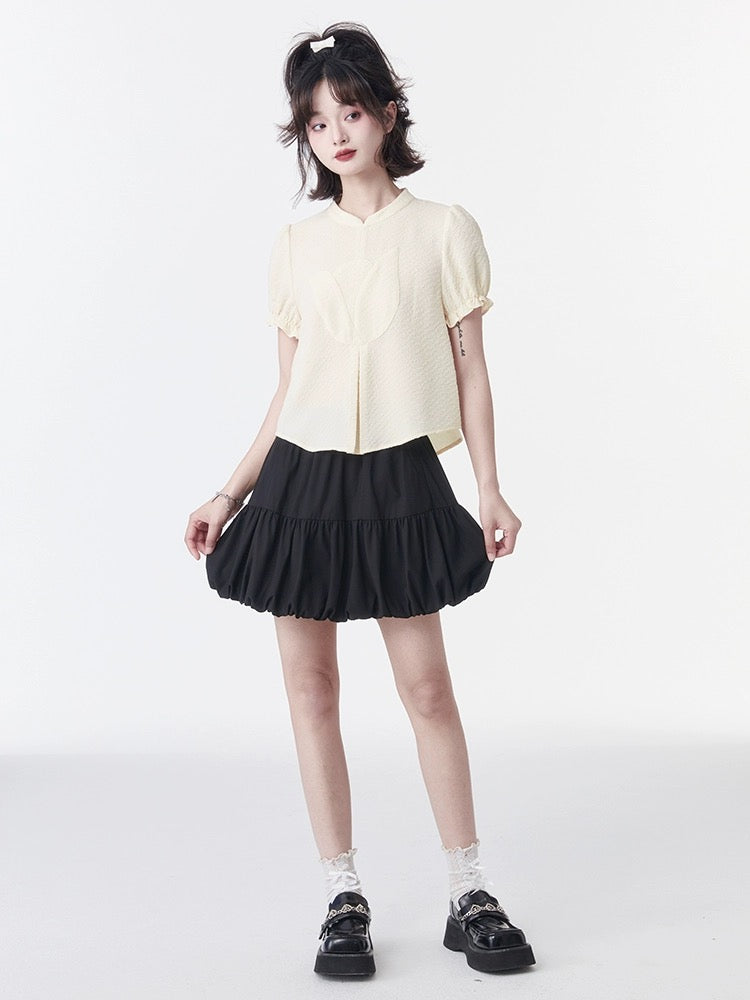 Shallot Good Cut New Chinese Style Cheongsam Collar Top Girls Summer Loose Age-Reducing Tulip Splicing Puff Sleeve Shirt