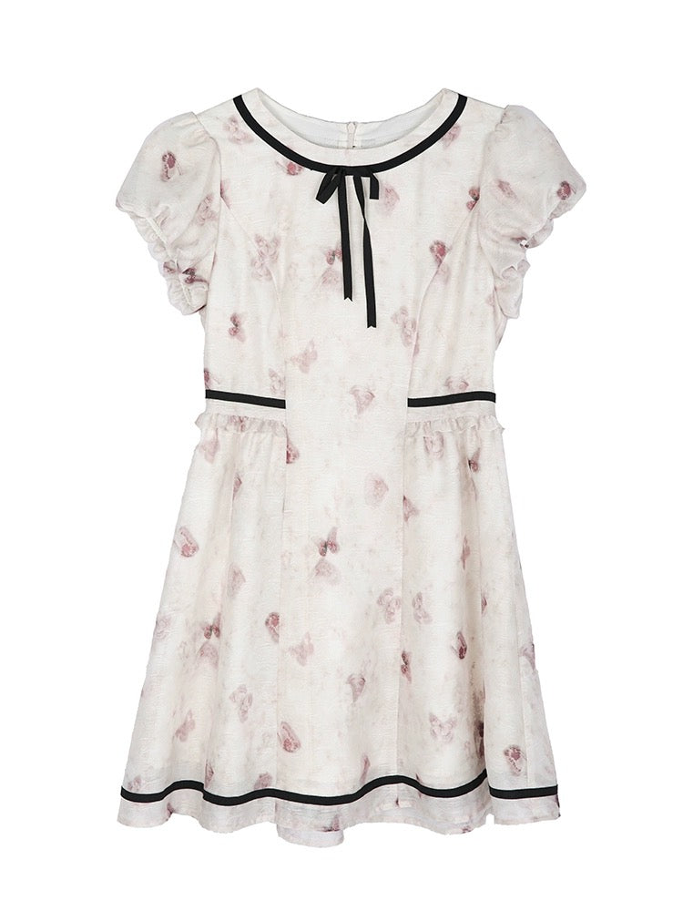 Shallot's well-tailored pink smudged puff sleeve dress for women, summer mid-length waist-cinching bow-knot stitched A-line skirt