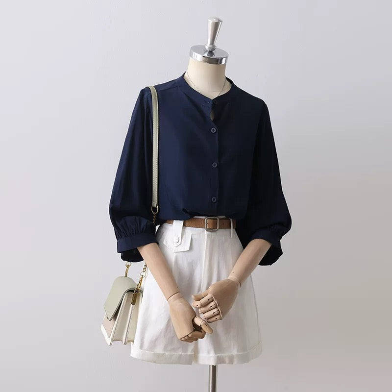2025 Spring and Summer Women's Temperament Lantern Sleeve Small Stand-up Collar Apricot Drape Shirt Women's Loose Three-quarter Sleeve Chic Top