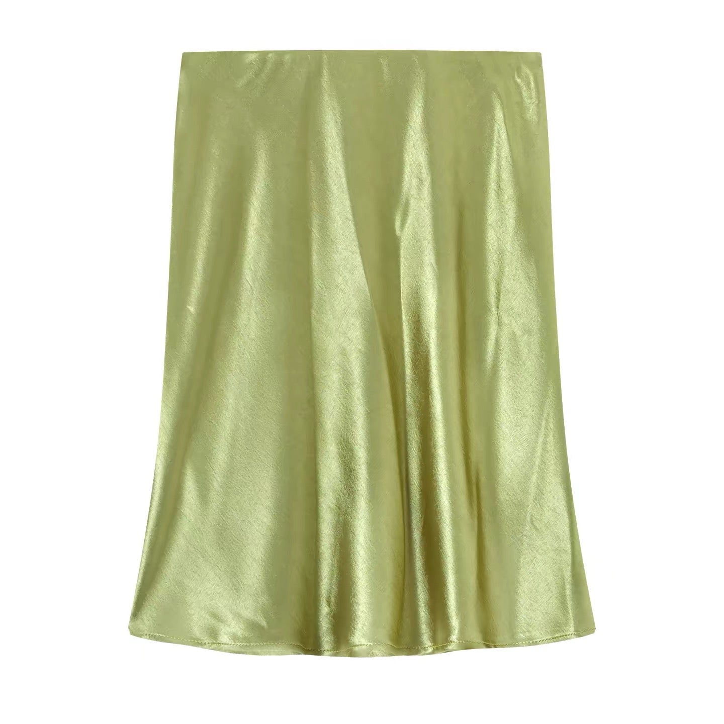 French-style apricot satin midi skirt for women, perfect for summer, sophisticated acetate midi skirt, versatile and slimming A-line skirt.
