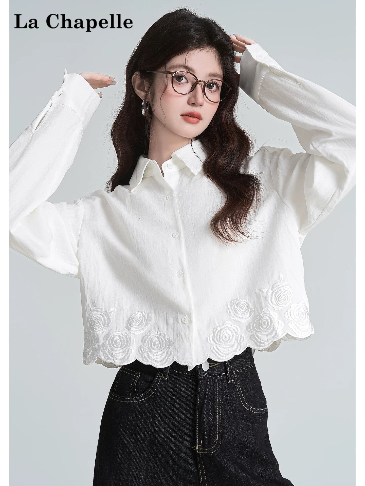 La Chapelle playful literary style lapel white long-sleeved shirt women's floral embroidery versatile shirt short top