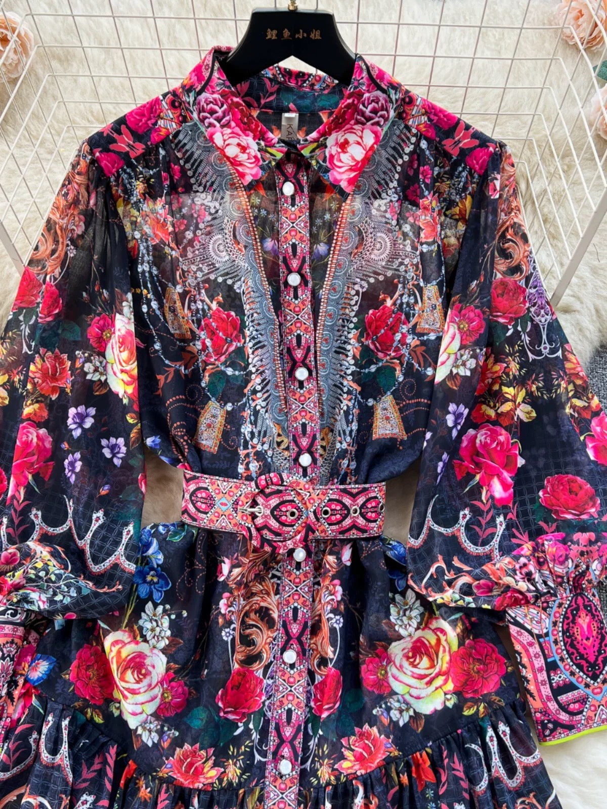 French retro palace style dress skirt design printed buttoned slim short temperament dress spring dress for women