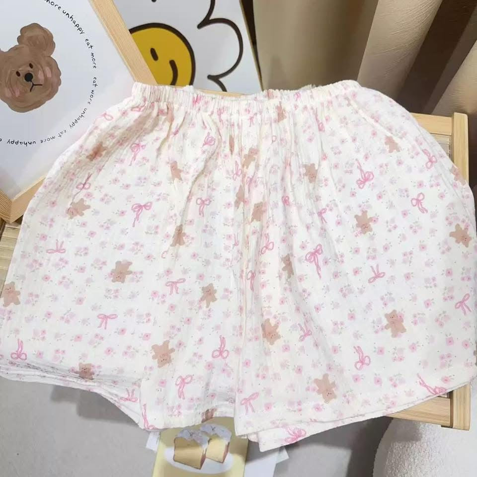 Summer Class A Cotton Yarn Casual Style Shorts Loose Double Layer Yarn Printed Pure Cotton Home Pants Women's High Waist Skin-Friendly Sleep Pants