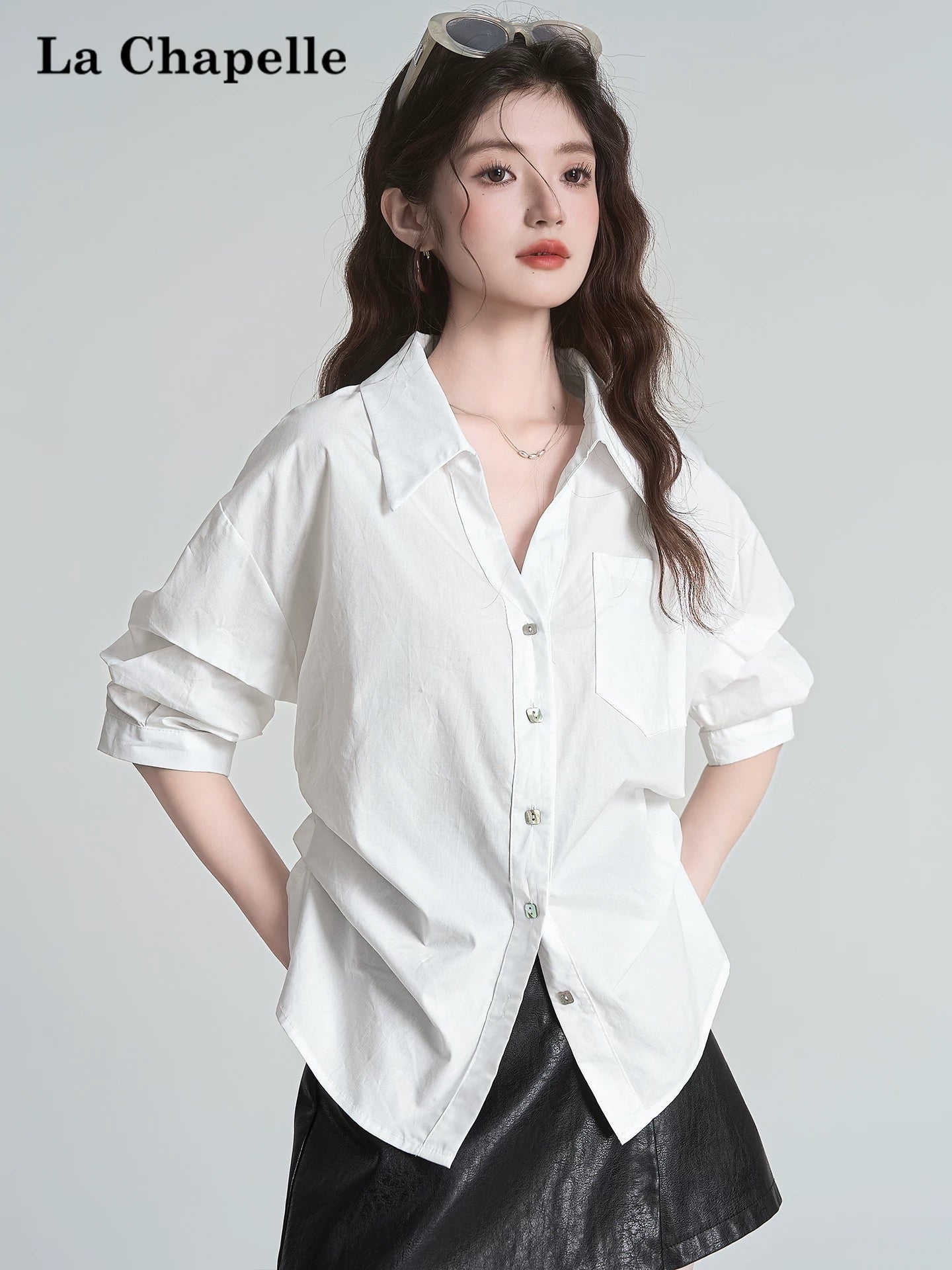 La Chapelle French white Polo collar mid-sleeve shirt women's early autumn temperament versatile loose slim shirt top