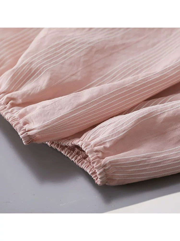 French retro square collar temperament lantern sleeve pink striped shirt female 2024 summer women's clothing five-point sleeve chic top