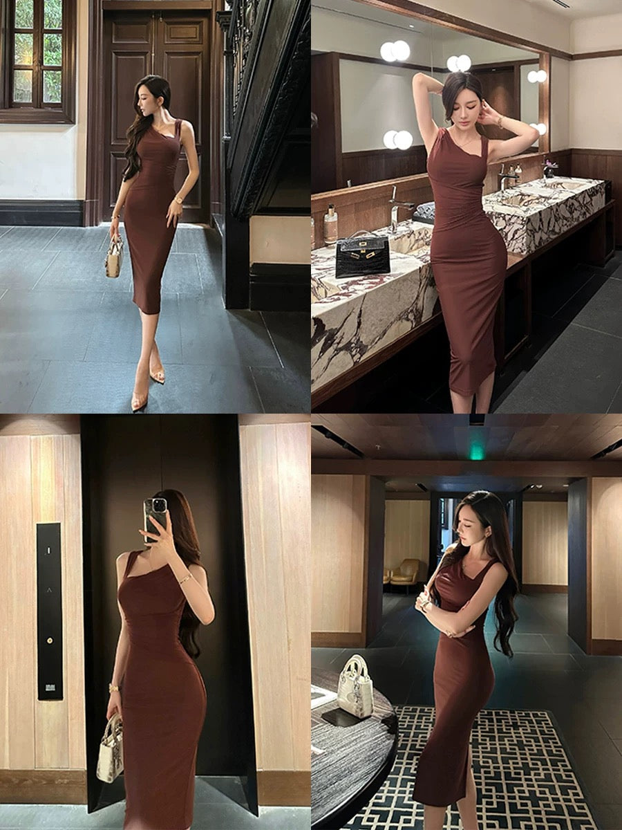 SX Shanxi Dark Brown Irregular V-neck Wrinkle Dress Women's Tight Elastic Temperament Sexy Goddess Hip Skirt
