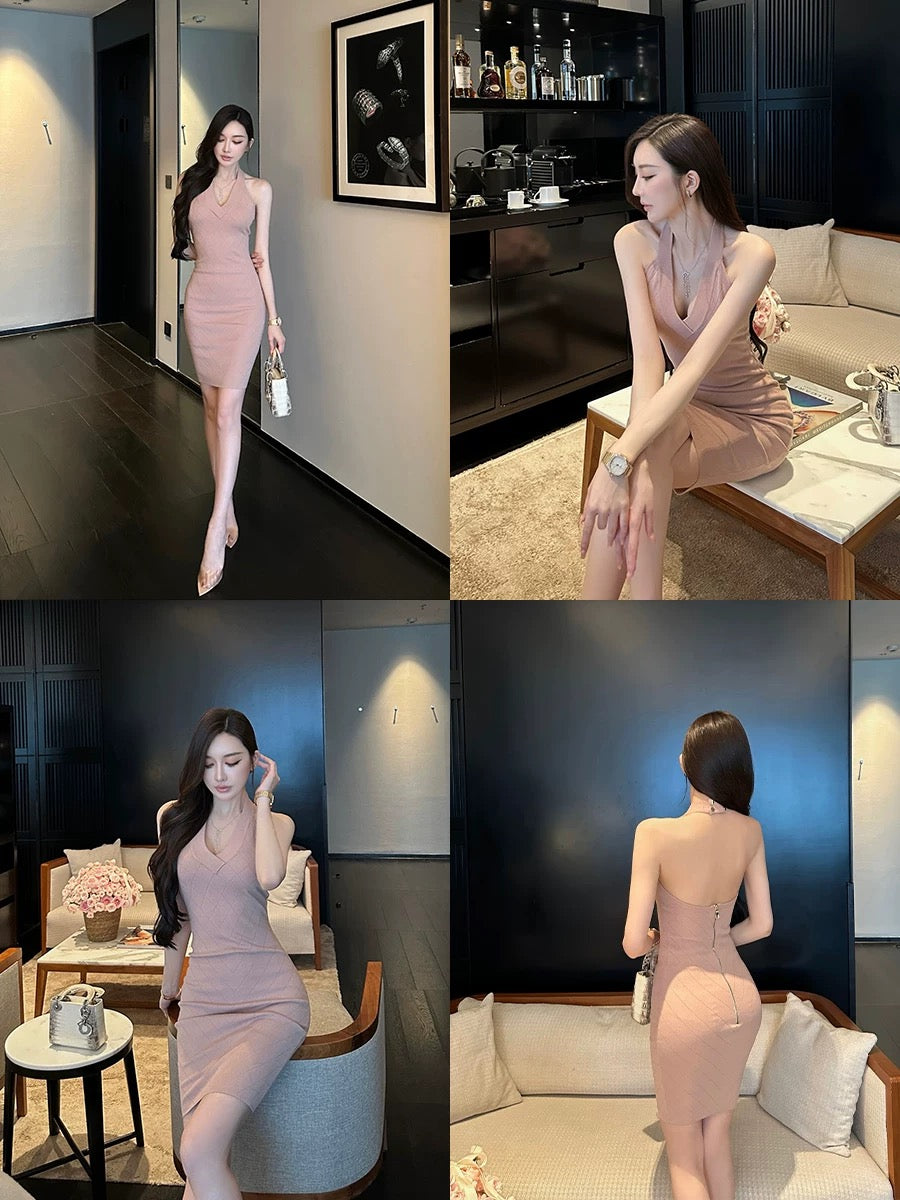 SX Shanxi high-end knitted halterneck dress V-neck slim waist slimming backless sexy hip-covering short skirt