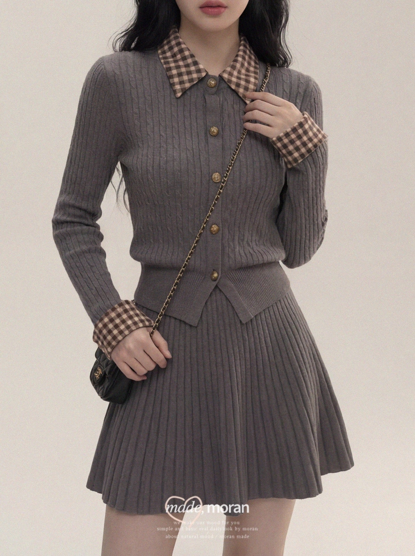 Sophisticated-inspired two-piece set: plaid polo collar fitted knit top and pleated skirt, perfect for autumn and winter.