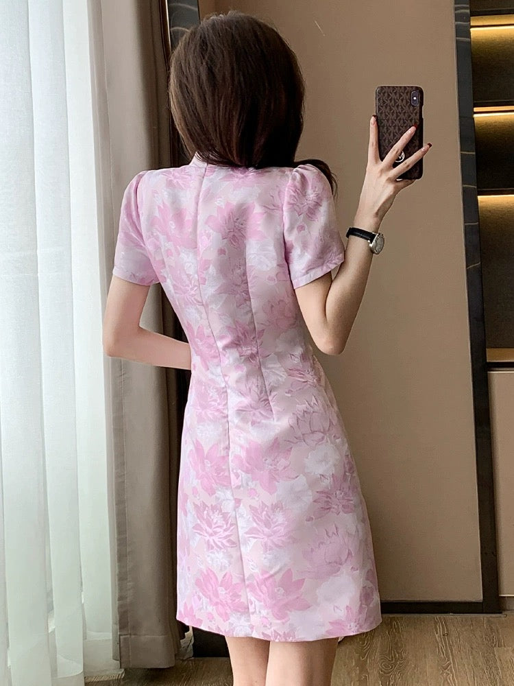 New Chinese style improved cheongsam dress for women summer new pink French buckle slim skirt for small people
