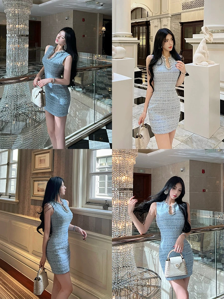 SX Shanxi Retro French Water Drop U-neck Small Fragrant Dress Feminine Socialite Light Mature Slim Sexy Hip Skirt