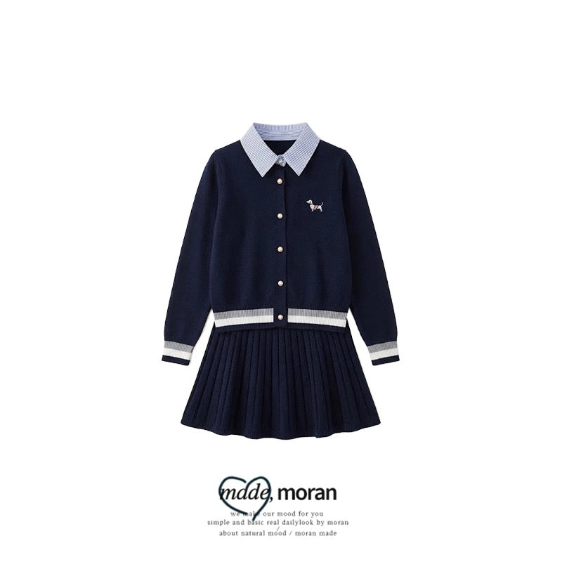 Korean style preppy two-piece top for women, 2025 autumn/winter knitted cardigan with striped shirt and pleated skirt set.