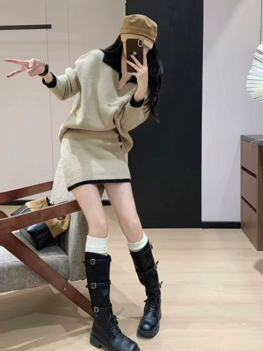 Korean chic winter outfit: color-blocked knit sweater top and pencil skirt two-piece set in a inspired style.