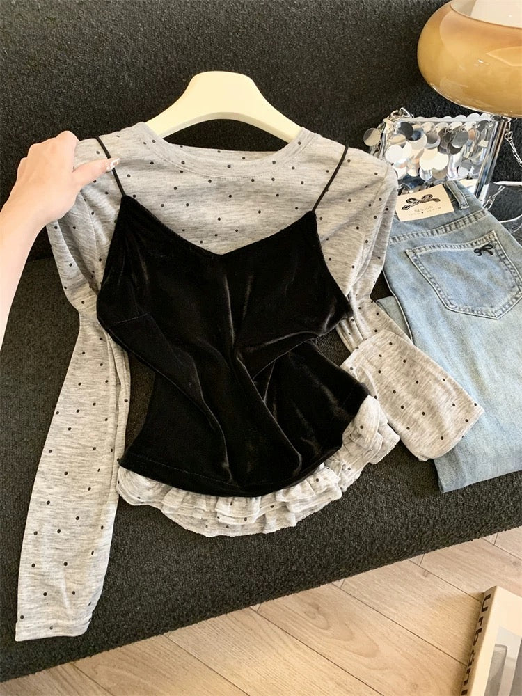 Jade Closet direct store recommendation ~ Medela sweet and spicy velvet camisole polka dot T-shirt two-piece set