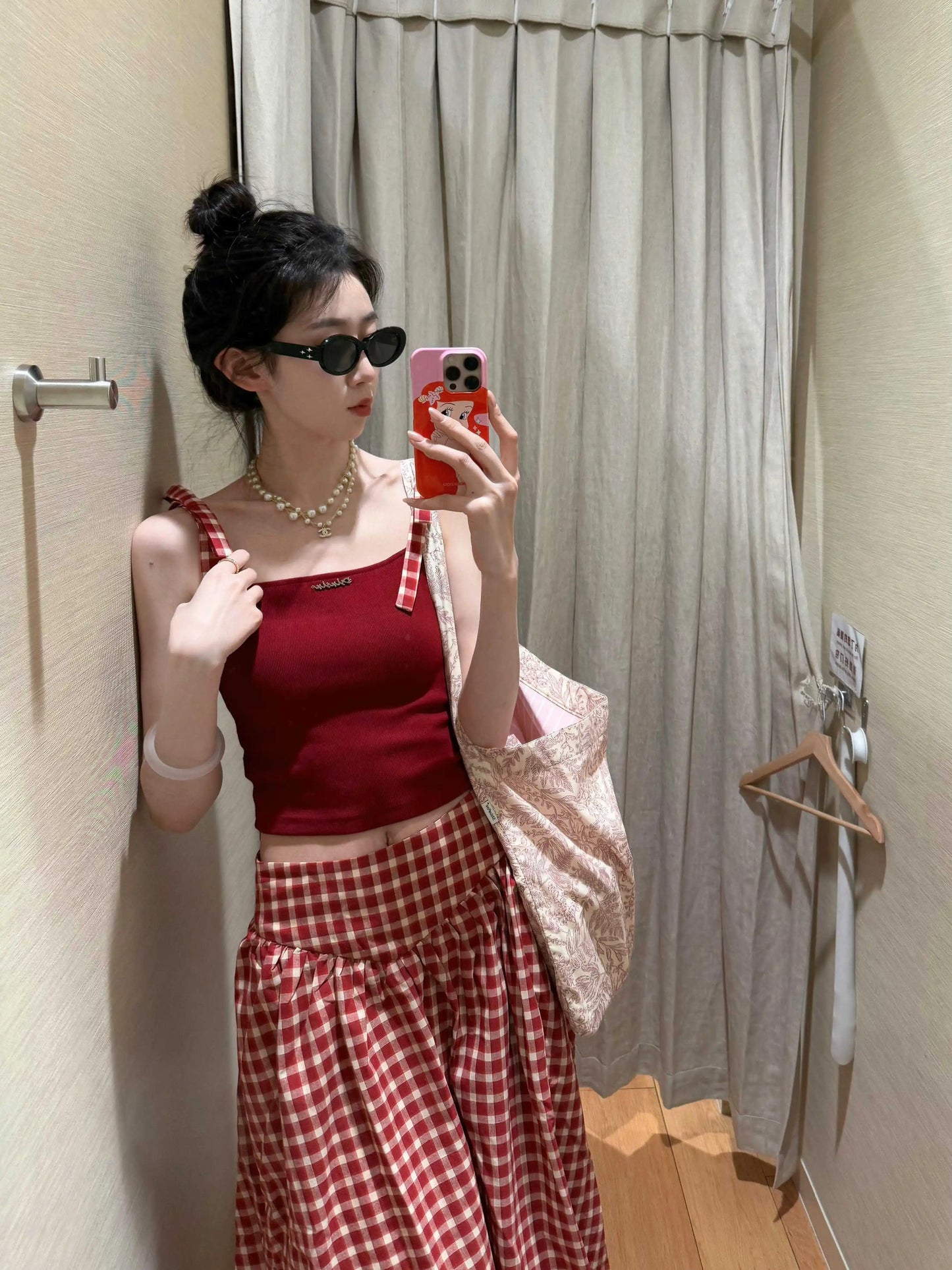 AngelaStudio French retro red plaid camisole top women's tops slim fit sweet and spicy style holiday short style