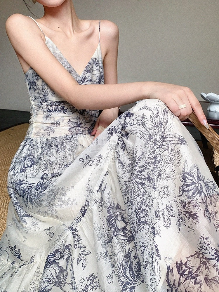 JWUNIQUE sleeveless suspender dress for women 2024 summer new design ink painting waist slimming long skirt