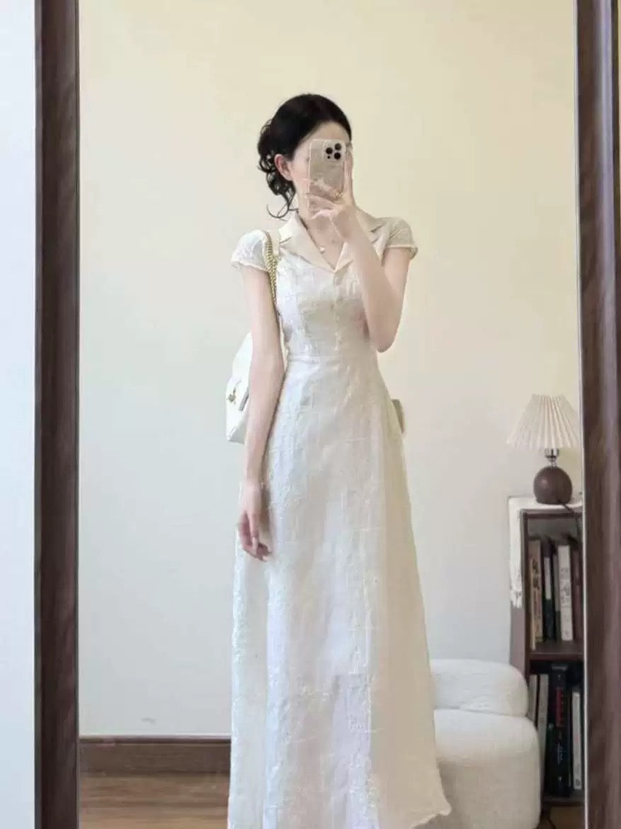 French retro unique and exquisite embroidered dress for women in summer 2025 new style lapel waist slim long skirt