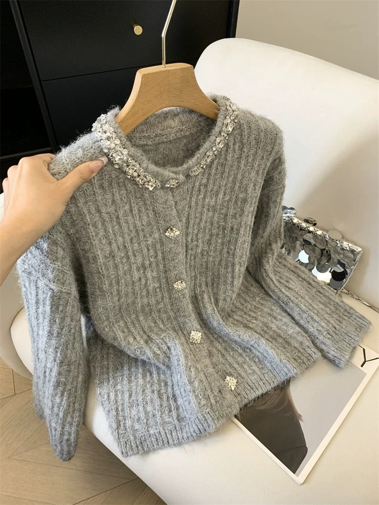Jade Closet direct store recommendation ~ Medela sweet style diamond-studded long-sleeved knitted cardigan sweater jacket for women