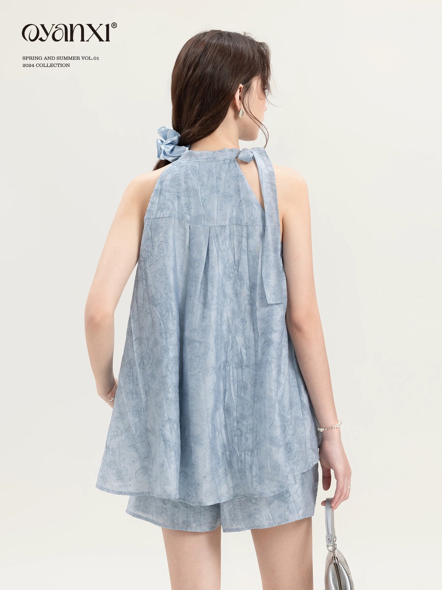 Ouyang Xi's "Meng He Wei Ying" niche unique blue top two-piece design new summer suit for women