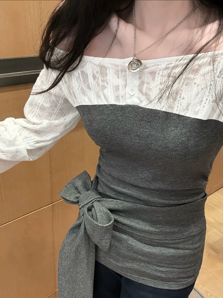 Pure desire fake two-piece one-shoulder off-shoulder long-sleeved shirt for women spring and summer 2025 new French lace waist shirt