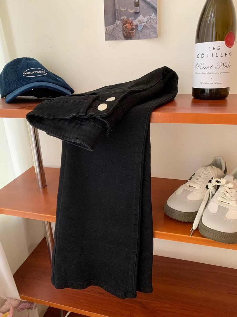 Double-button high-waisted pockets with slightly flared light blue jeans for women in spring, slimming, long legs, slim floor-length flared casual pants