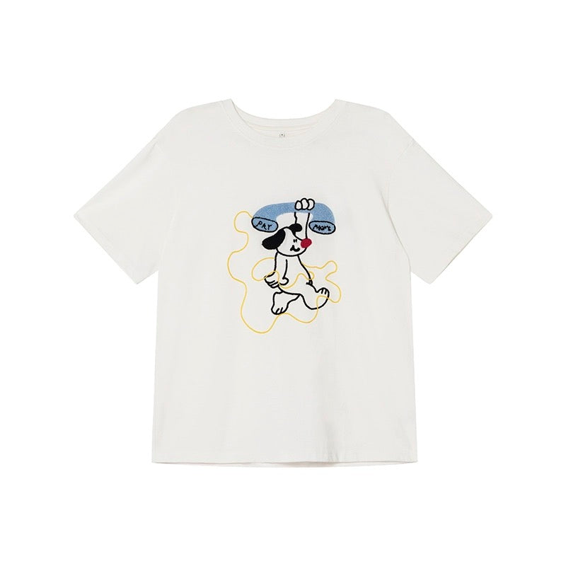 Hello Canon original cartoon towel embroidered short-sleeved T-shirt for women 2024 new loose and slim tops for small people