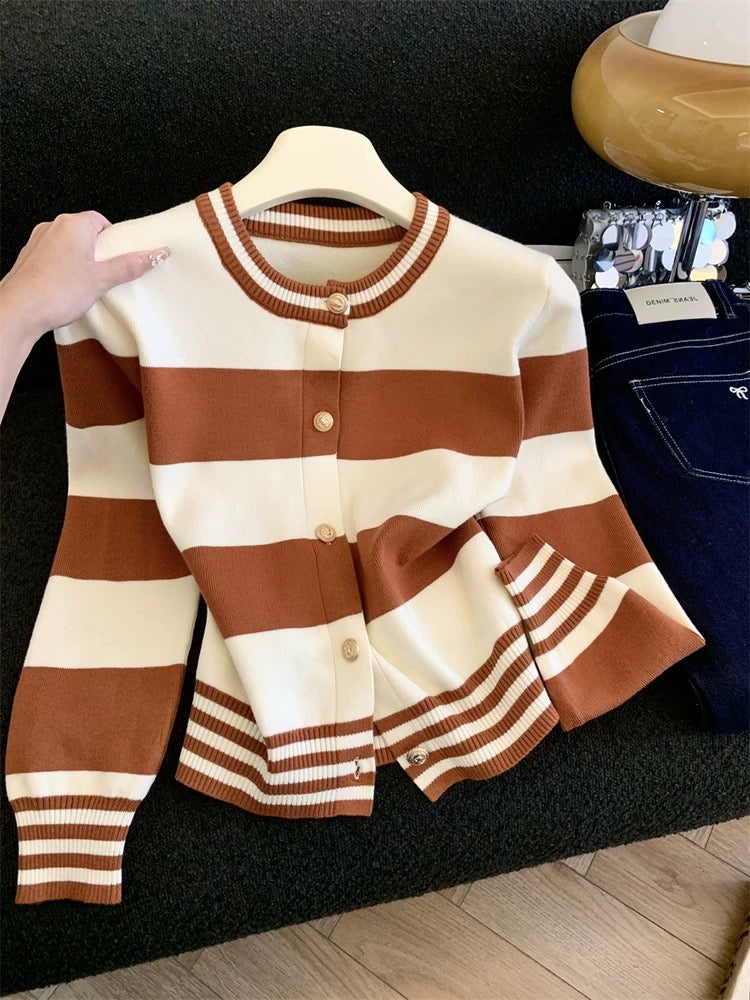 Jade Closet direct store recommendation ~ Medela sweet style contrast color striped knitted cardigan sweater jacket for women