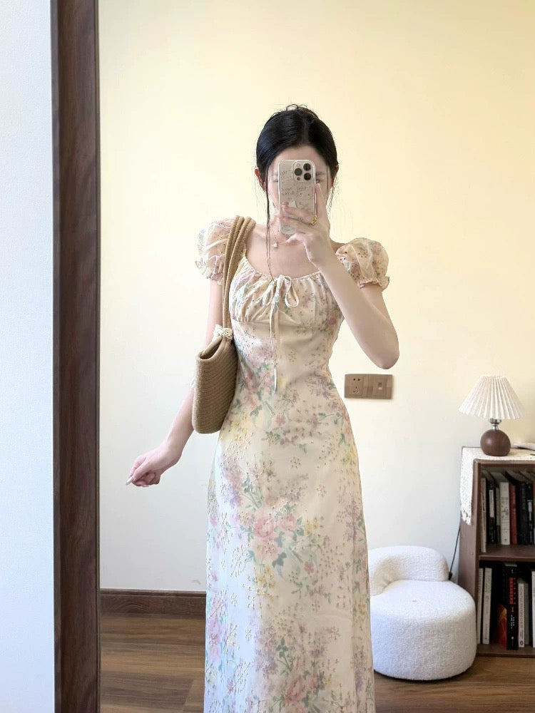 French tea break embroidered floral square collar dress for women summer new waist slimming holiday jacquard lace-up long dress