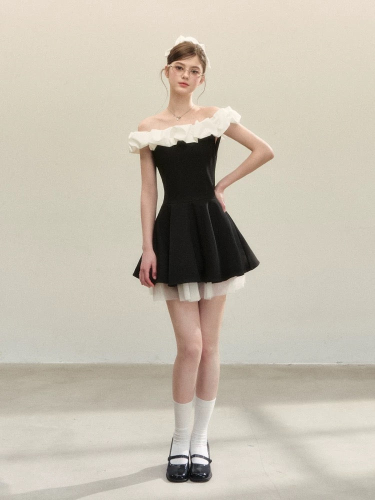 QDQD French Hepburn-style tutu skirt, summer color-blocked design, slimming waist, elegant off-the-shoulder ballet skirt.