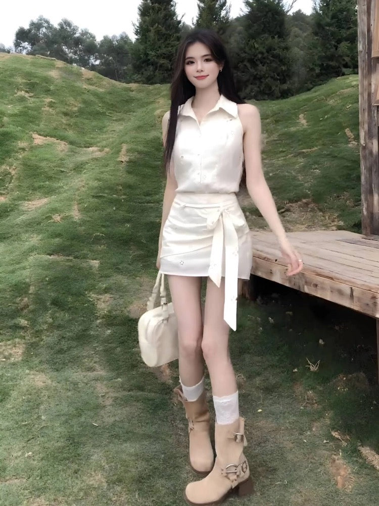 Pure desire sweet and spicy summer wear a complete set of beautiful suits slim hollow sleeveless shirt top half-length short skirt