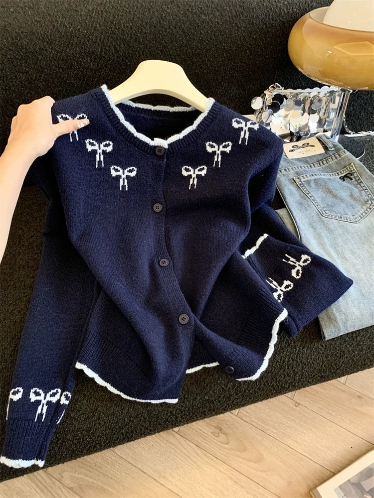 Jade Closet direct store recommendation ~ High-end sweet style bow jacquard knitted cardigan sweater jacket