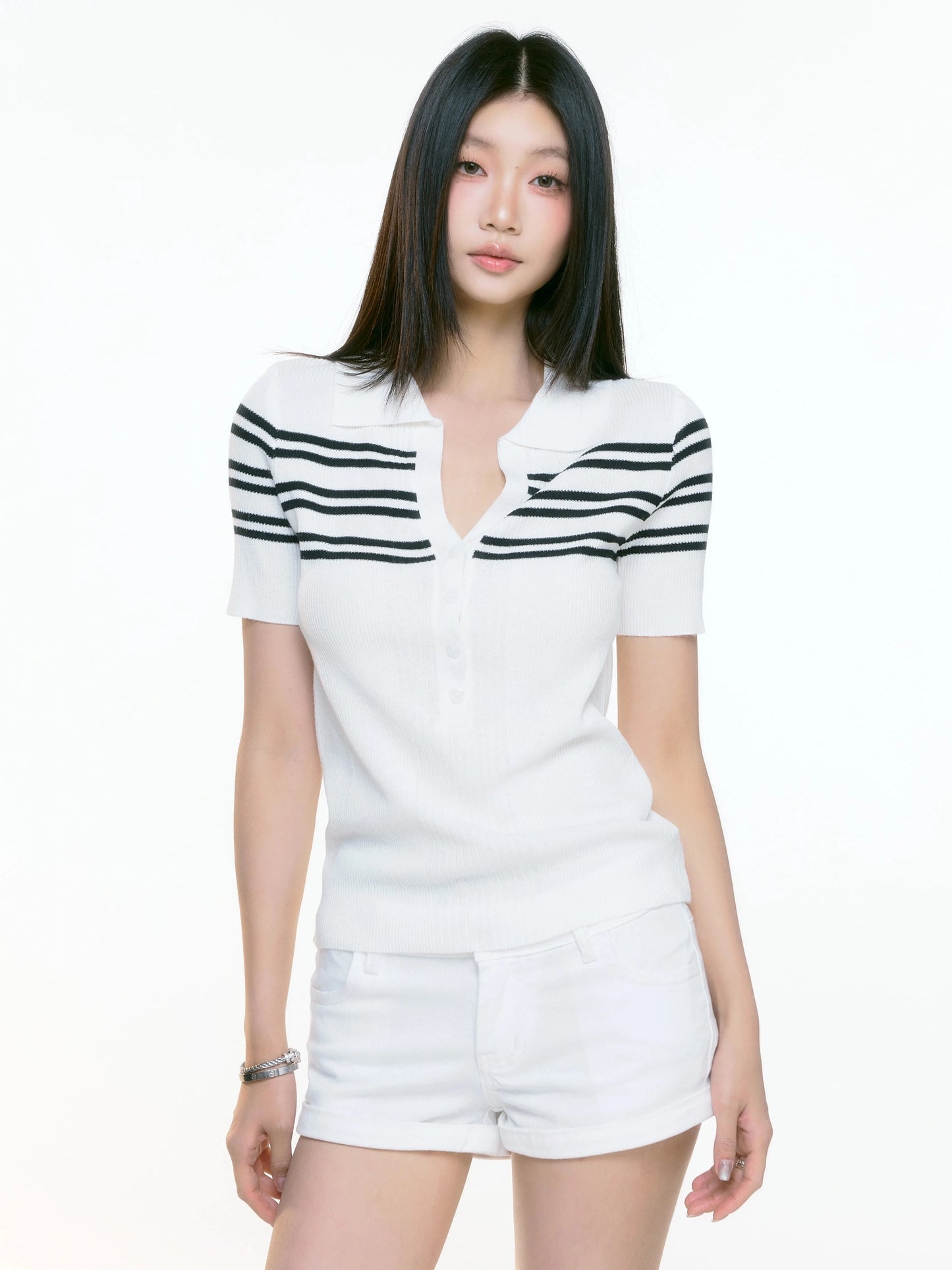 WITHMIN knitted short-sleeved women's slim fit straight shoulder white polo collar tops women's high-end beautiful summer clothes