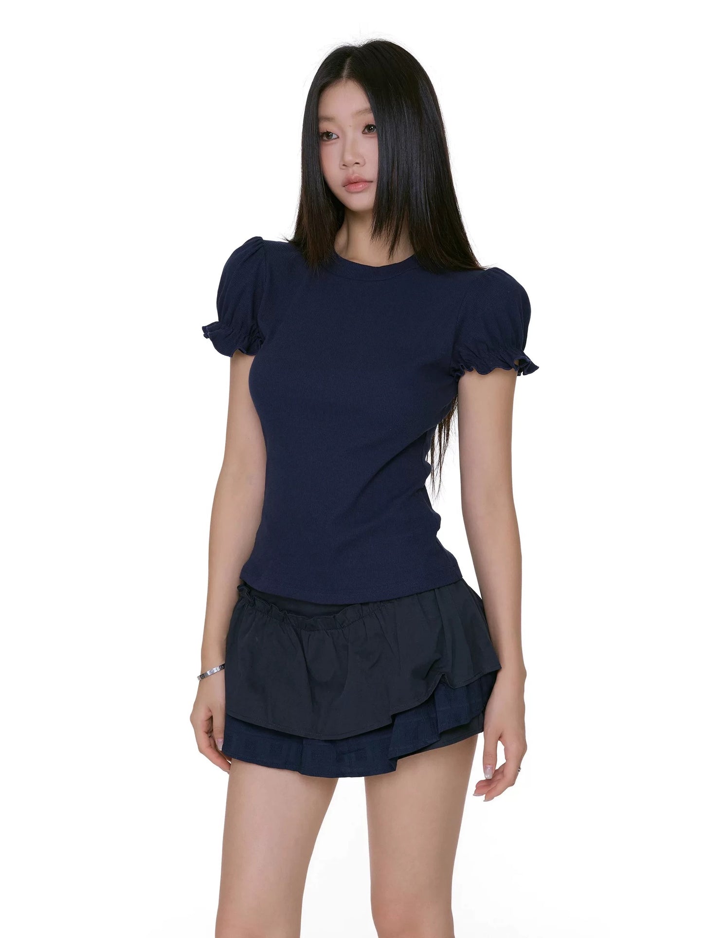 WITHMIN short-sleeved women's t-shirt 2025 new slim shoulder beautiful bubble sleeve slim top women's summer