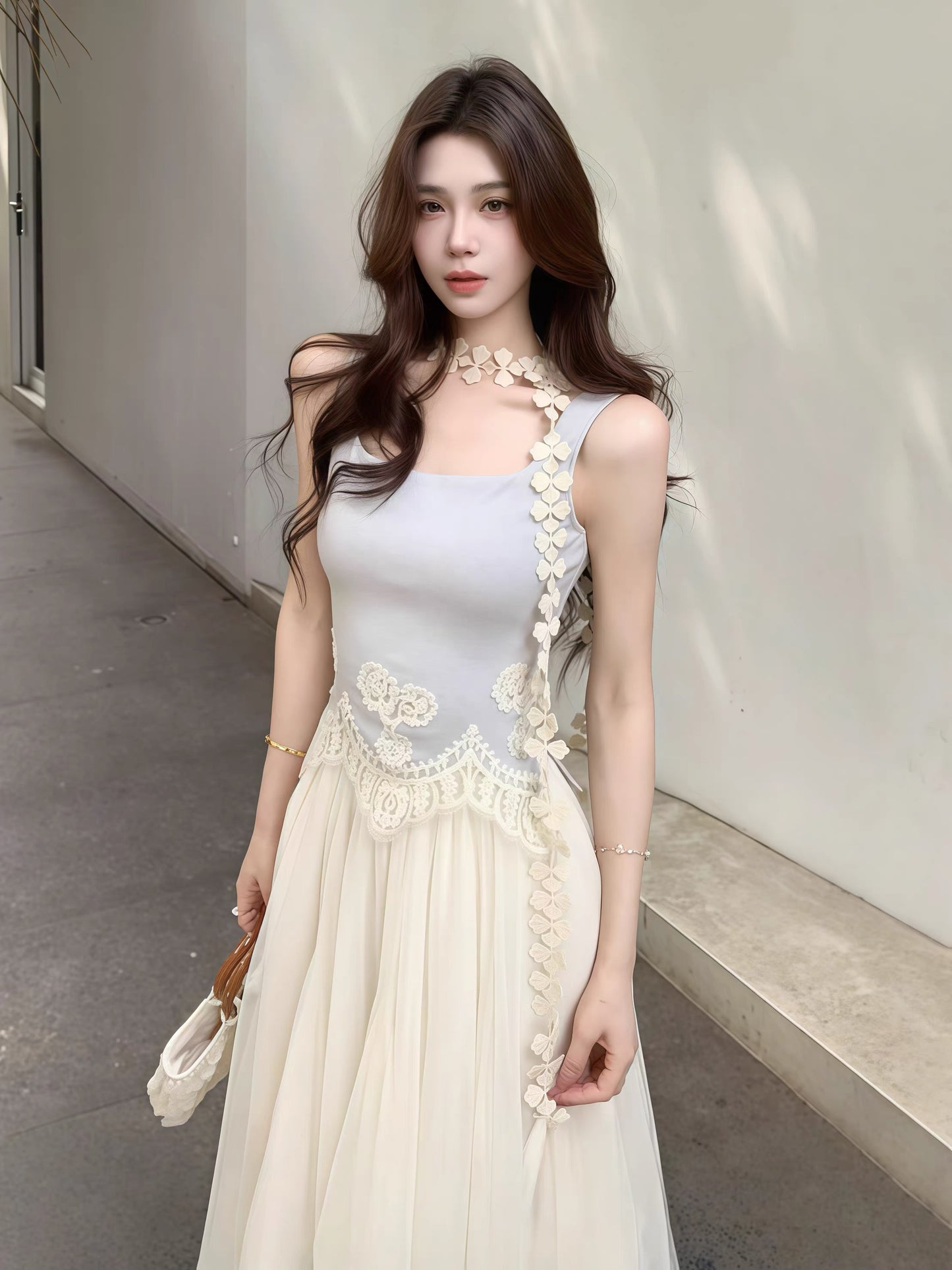 Lace-trimmed sleeveless vest with ribbon trim + mesh skirt - 2026 Summer New Gentle Resort Style Women's Set