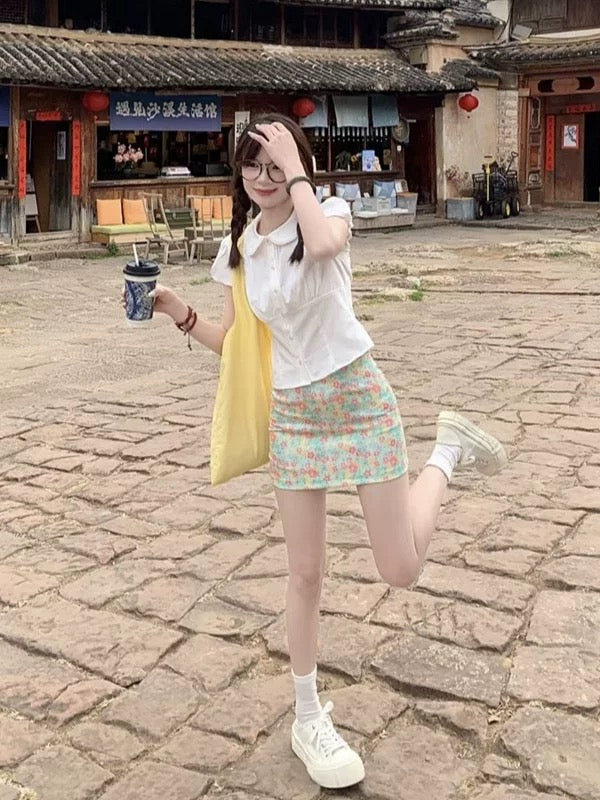 Summer beautiful outfit a set of sweet and spicy white doll collar shirt women's tops small floral skirt two-piece suit