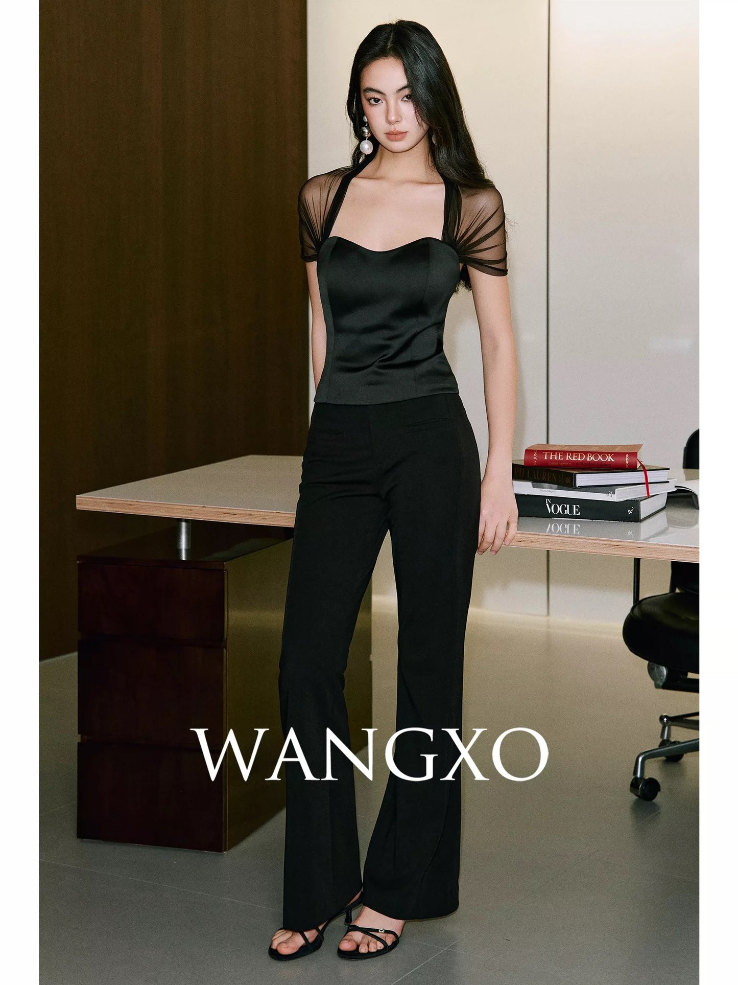 WANGXO | Black Gauze Shadow Luxury | Elegant Waist-Slimming Top with Subtle Cool Cloud-like Mesh and Satin Panels