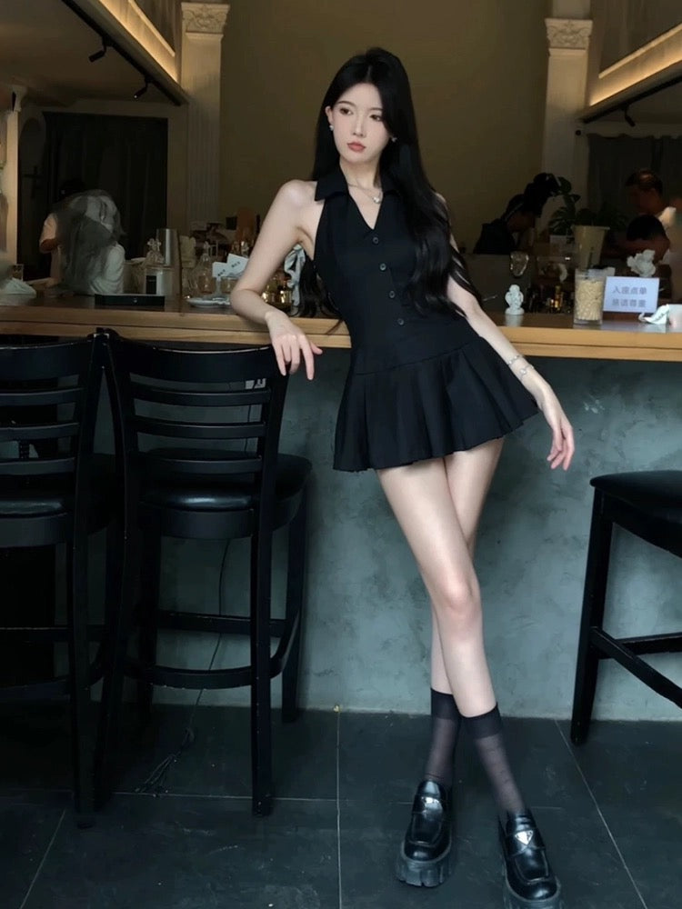 STRIVE/Yumiko Fat mm French Hot Girl Waist Halter A-Line Skirt Female Summer Pure Desire Design Pleated Short Skirt