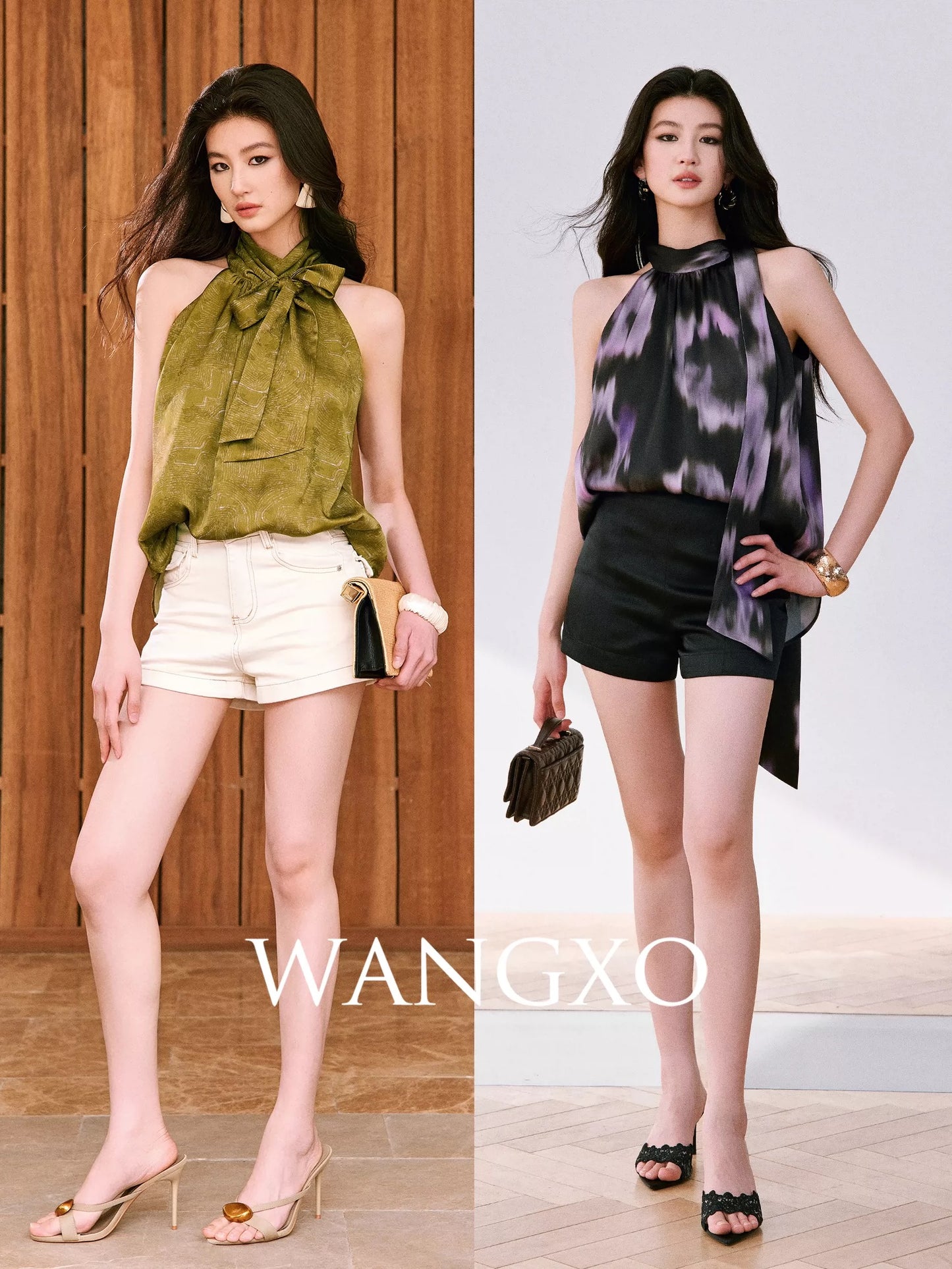 WANGXO | Two-tone acetate satin jacquard | Stand collar halter neck ribbon loose pleated sleeveless shirt top