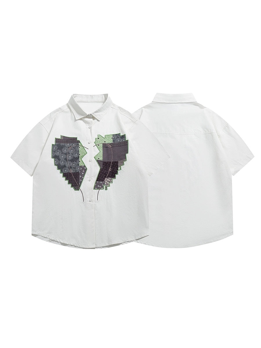 Youshu Summer Boys Embroidered Color Matching Love Shirt National Trend Heavy Cotton Trendy Brand Casual Fashion Shirt Short Sleeve