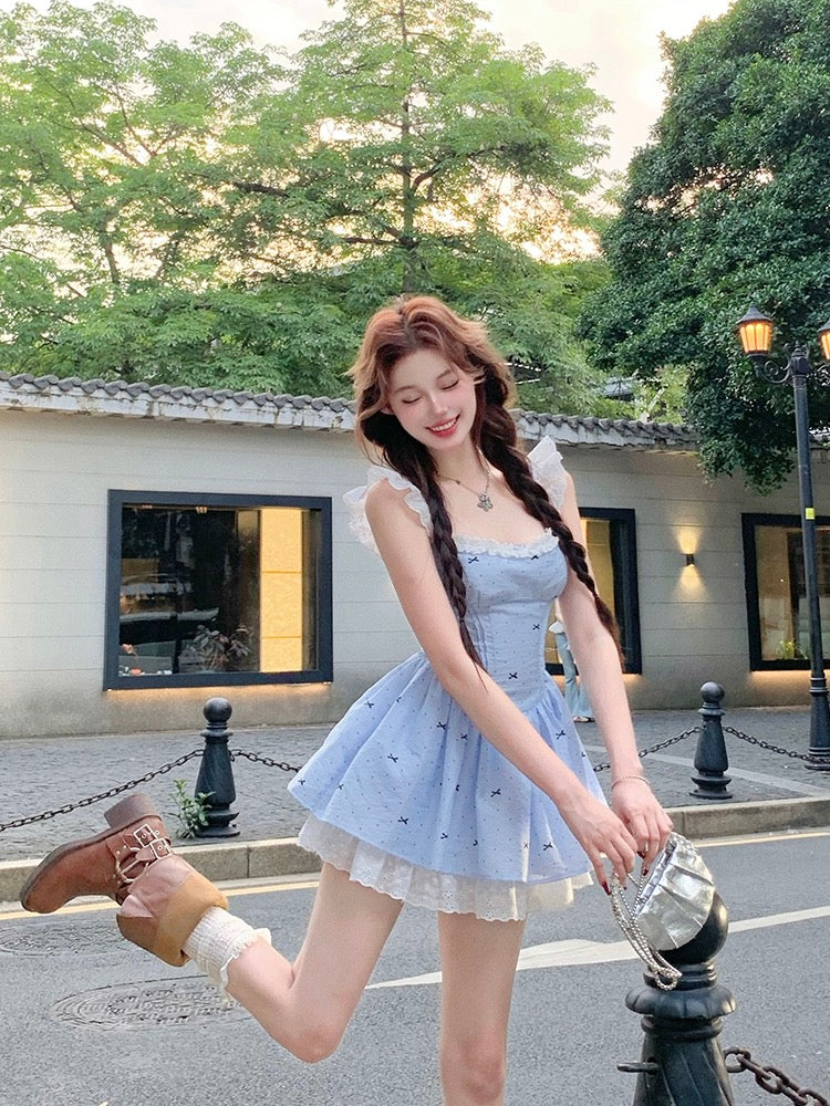 Drawing explanation WAHJU circulation heartbeat bow polka dot square neck dress women's summer lace slimming skirt