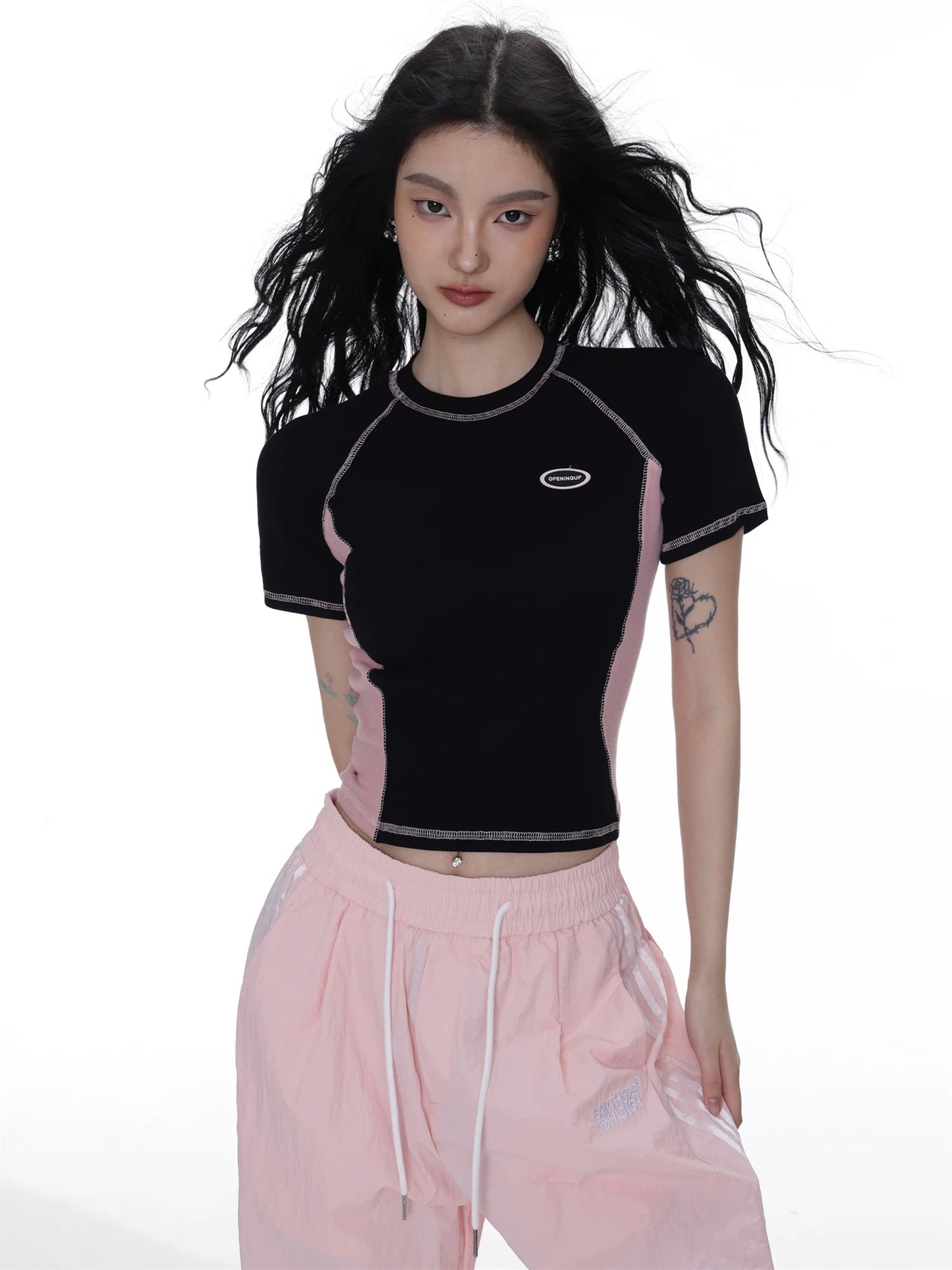 SHIYIYUE American retro sweet hottie casual short slim fit splicing round neck short-sleeved t-shirt women's new top