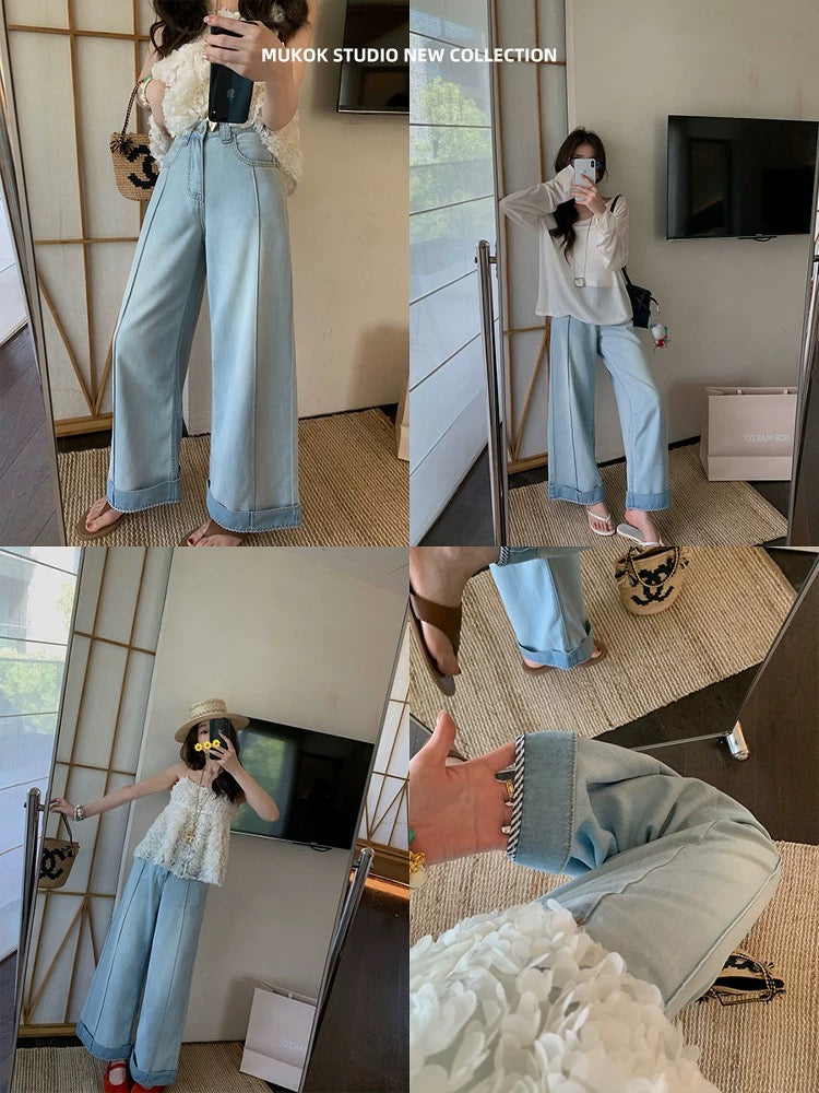MUKOK Tencel ultra-drape slim jeans high waist simple lyocell Tencel wide-leg cuffed trousers