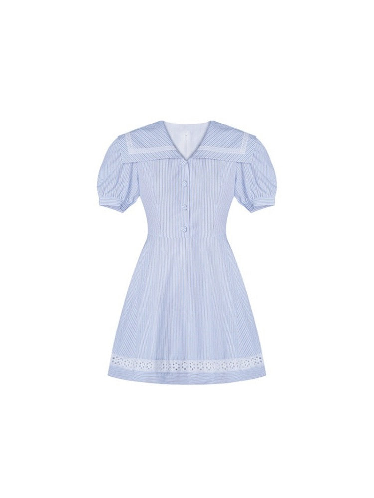 VASSE Beauty Crab French Puff Sleeve Navy Collar Plaid Shirt Dress Women's Small Resort Style Skirt