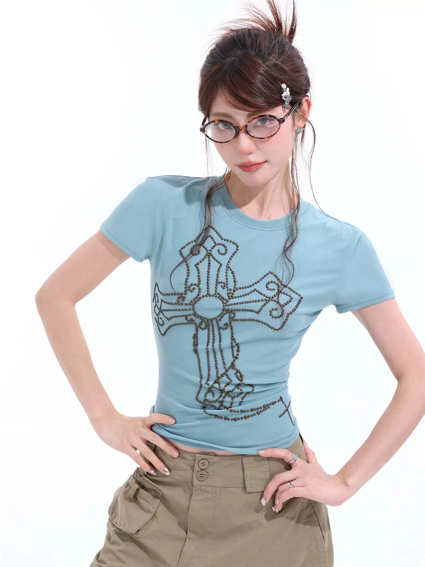SHIYIYUE American sweet and spicy right shoulder slim short-sleeved tops for women 2025 summer cross print short T-shirts