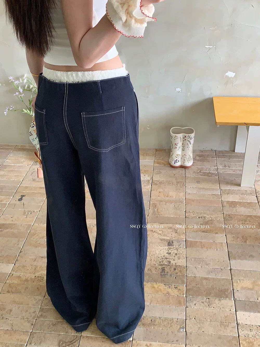 PPHOME lace stitching waist wide-leg casual pants women's summer navy blue straight pants hot girl low waist mopping pants